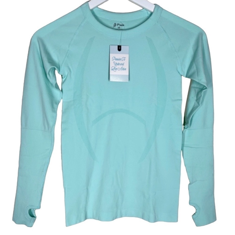 P’tula Womens Reenergize Long Sleeve Seamless Mint Aqua Fitted Workout Shirt XS